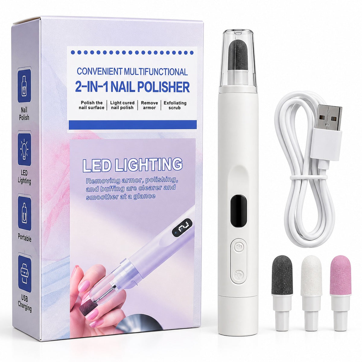 Lumi Nail Pro: pulidor de uñas eléctrico, caja, cable USB y cabezales sobre fondo blanco
