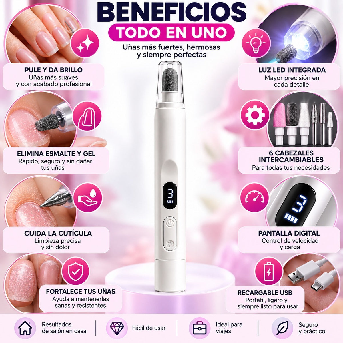 Funciones del Lumi Nail Pro: pule, elimina gel, cuida la cutícula, luz LED y pantalla digital de velocidad
