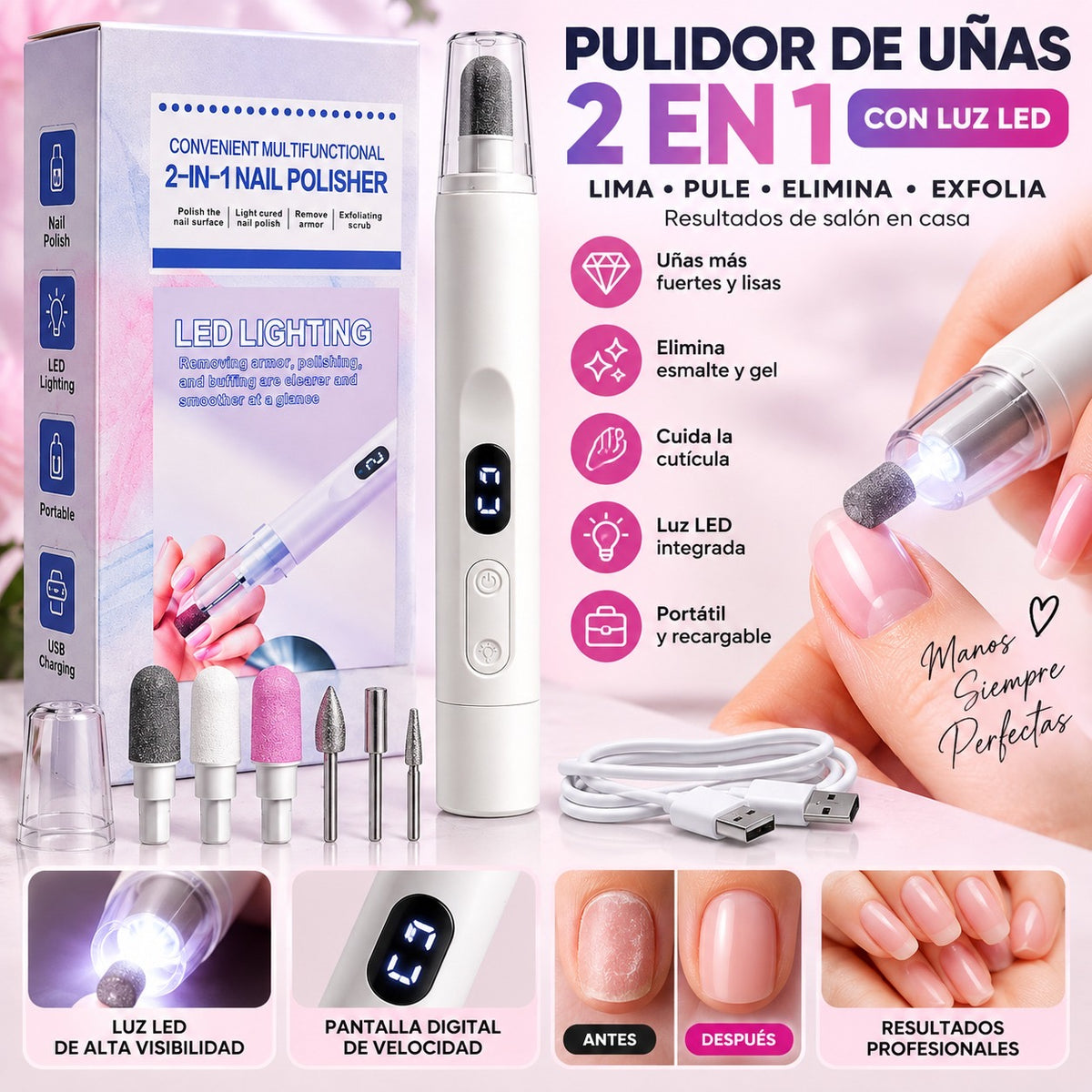 Lumi Nail Pro, pulidor de uñas eléctrico 2 en 1 con luz LED: lima, pule, elimina y exfolia