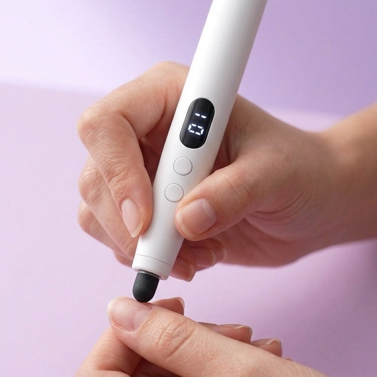 Lumi Nail Pro sostenido en la mano, puliendo la uña natural